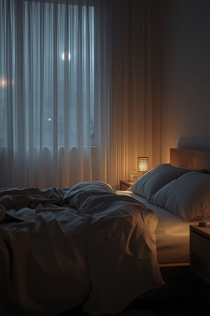 A tidy bedroom with soft lighting and folded linens in the evening